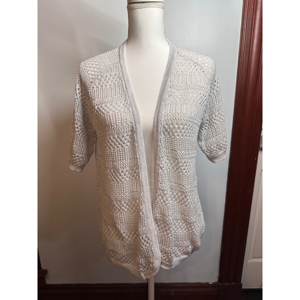 Cyrus Open Knit Cardigan Elbow Sleeve Pointelle Light Gray Sweater Large